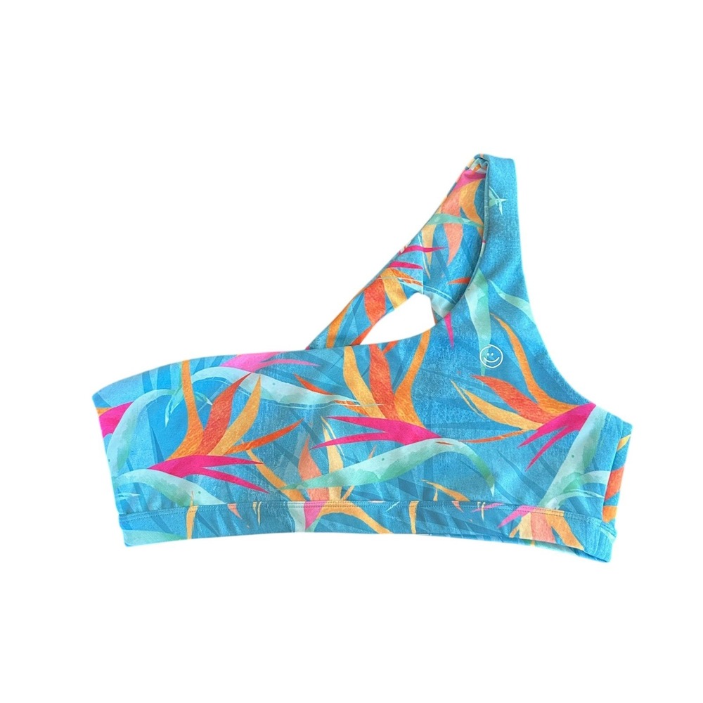 Smile Club Womens XL One Shoulder Tropical Bird of Paradise Sports Bra Blue Top‎